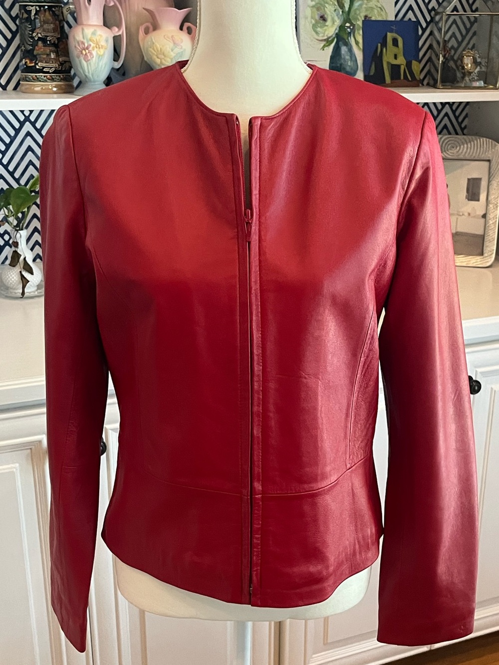 Women's Red Leather Zip-Front Jacket